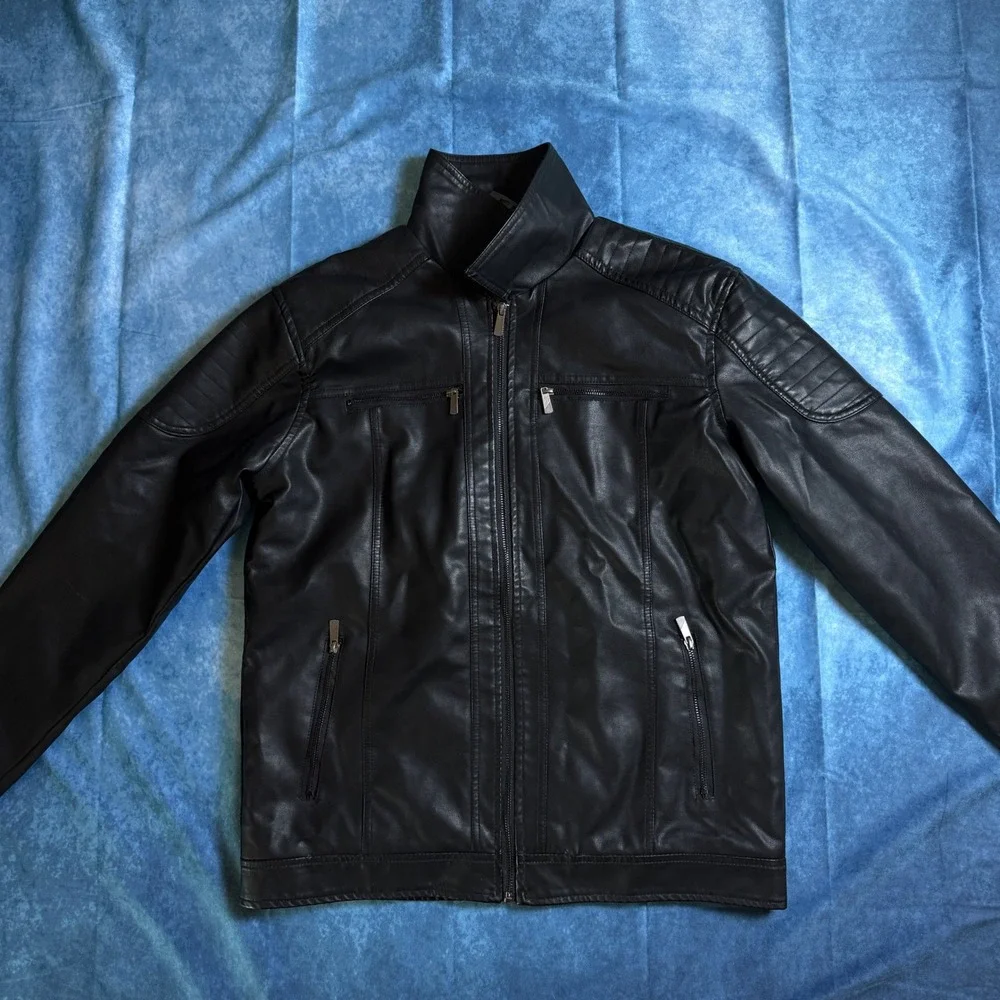 Bleu Grandeur Mens Black Faux Leather Moto Jacket HJ-828E NWT Large